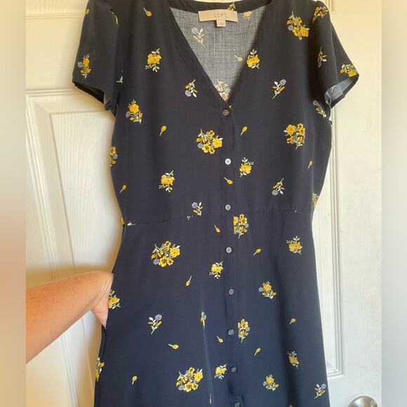 Loft Cottage Core Floral Button Up Cap Sleeve Mini Dress Blue & Yellow Size 8 - Picture 2 of 7